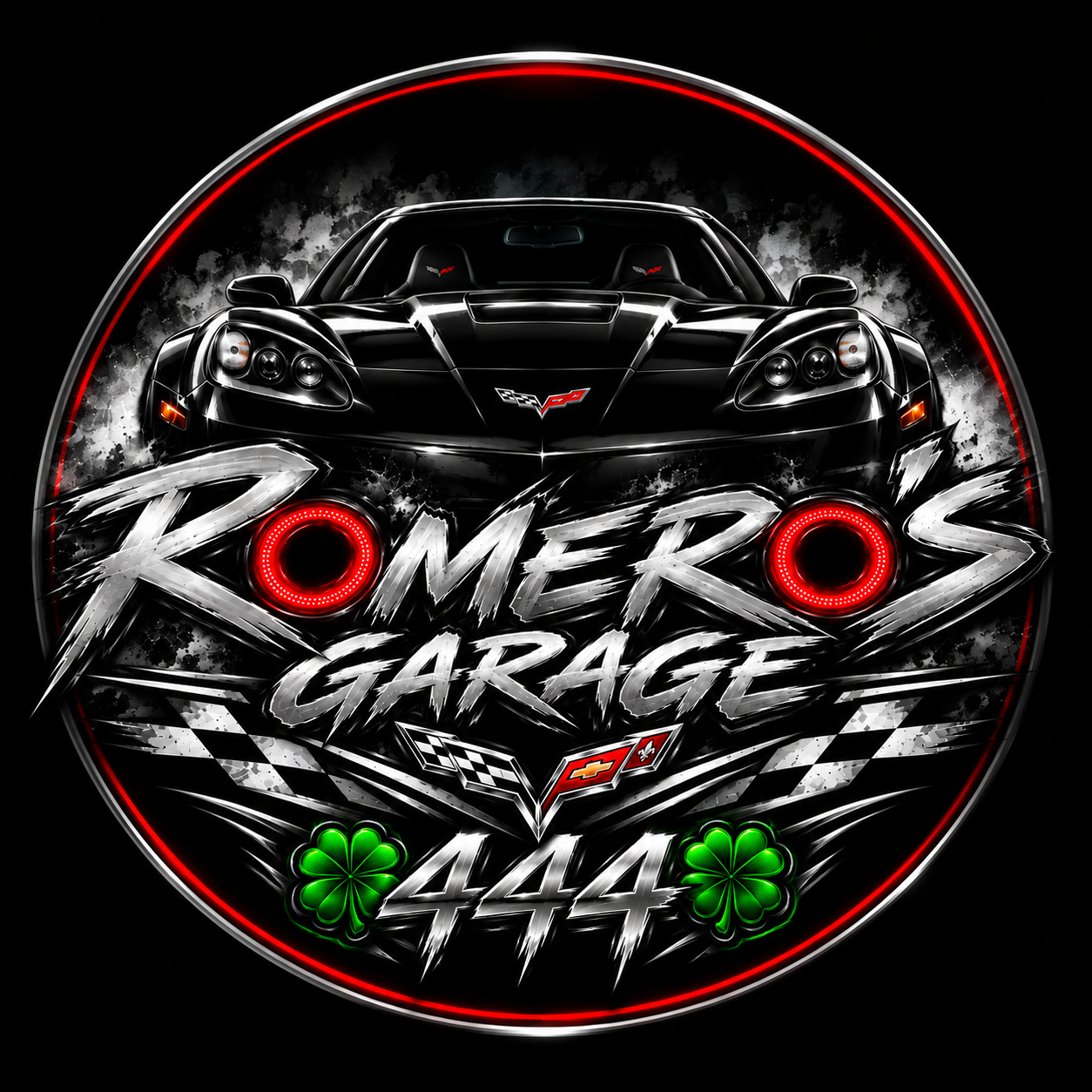 Romero's Garage Corvette-inspired logo with 444 and clovers